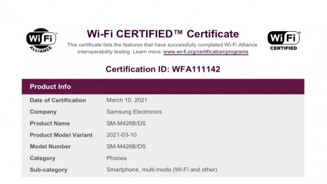 Samsung Galaxy M42 Wi-Fi Alliance listing